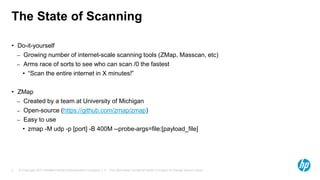 © Copyright 2013 Hewlett-Packard Development Company, L.P. The information contained herein is subject to change without notice.5
The State of Scanning
• Do-it-yourself
– Growing number of internet-scale scanning tools (ZMap, Masscan, etc)
– Arms race of sorts to see who can scan /0 the fastest
• “Scan the entire internet in X minutes!”
• ZMap
– Created by a team at University of Michigan
– Open-source (https://github.com/zmap/zmap)
– Easy to use
• zmap -M udp -p [port] -B 400M --probe-args=file:[payload_file]
 