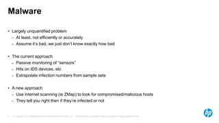 © Copyright 2013 Hewlett-Packard Development Company, L.P. The information contained herein is subject to change without notice.8
Malware
• Largely unquantified problem
– At least, not efficiently or accurately
– Assume it’s bad, we just don’t know exactly how bad
• The current approach
– Passive monitoring of “sensors”
– Hits on IDS devices, etc
– Extrapolate infection numbers from sample sets
• A new approach
– Use internet scanning (ie ZMap) to look for compromised/malicious hosts
– They tell you right then if they’re infected or not
 