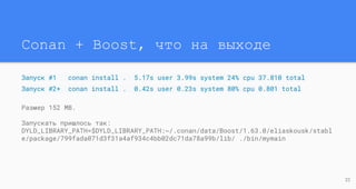 Conan + Boost, что на выходе
Запуск #1 conan install . 5.17s user 3.99s system 24% cpu 37.810 total
Запуск #2+ conan install . 0.42s user 0.23s system 80% cpu 0.801 total
Размер 152 MB.
Запускать пришлось так:
DYLD_LIBRARY_PATH=$DYLD_LIBRARY_PATH:~/.conan/data/Boost/1.63.0/eliaskousk/stabl
e/package/799fada071d3f31a4af934c4bb02dc71da78a99b/lib/ ./bin/mymain
22
 