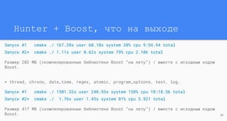 Hunter + Boost, что на выходе
Запуск #1 cmake ./ 167.38s user 60.10s system 38% cpu 9:54.94 total
Запуск #2+ cmake ./ 1.11s user 0.62s system 79% cpu 2.186 total
Размер 202 MB (скомпилированные библиотеки Boost “на лету”) / вместе с исходным кодом
Boost.
+ thread, chrono, date_time, regex, atomic, program_options, test, log.
Запуск #1 cmake ./ 1501.32s user 240.93s system 158% cpu 18:18.56 total
Запуск #2+ cmake ./ 1.76s user 1.43s system 81% cpu 3.921 total
Размер 417 MB (скомпилированные библиотеки Boost “на лету”) / вместе с исходным кодом
Boost. 28
 