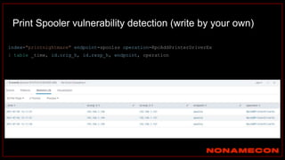 Print Spooler vulnerability detection (write by your own)
index="printnightmare" endpoint=spoolss operation=RpcAddPrinterDriverEx
| table _time, id.orig_h, id.resp_h, endpoint, operation
 