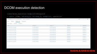 DCOM execution detection
index=dcom_execution endpoint=IDispatch
| table _time, id.orig_h, id.resp_h, endpoint, operation
 