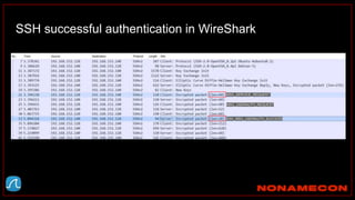 SSH successful authentication in WireShark
MSG_SERVICE_REQUEST
MSG_USERAUTH_REQUEST
SSH_MSG_USERAUTH_SUCCESS
 