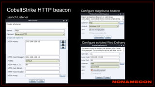 CobaltStrike HTTP beacon
Launch Listener
Configure stagelsess beacon
Configure scripted Web Delivery
 