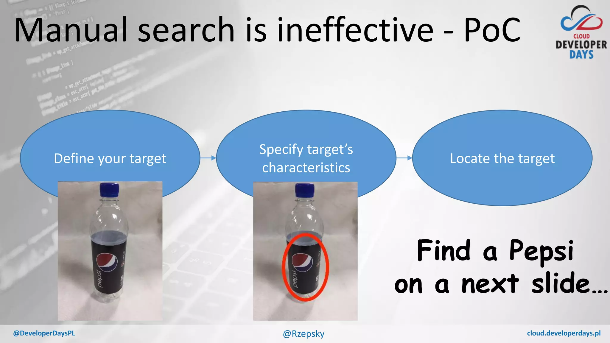 cloud.developerdays.pl@DeveloperDaysPL
Manual search is ineffective - PoC
Define your target
Specify target’s
characteristics
Locate the target
Find a Pepsi
on a next slide…
@Rzepsky
 