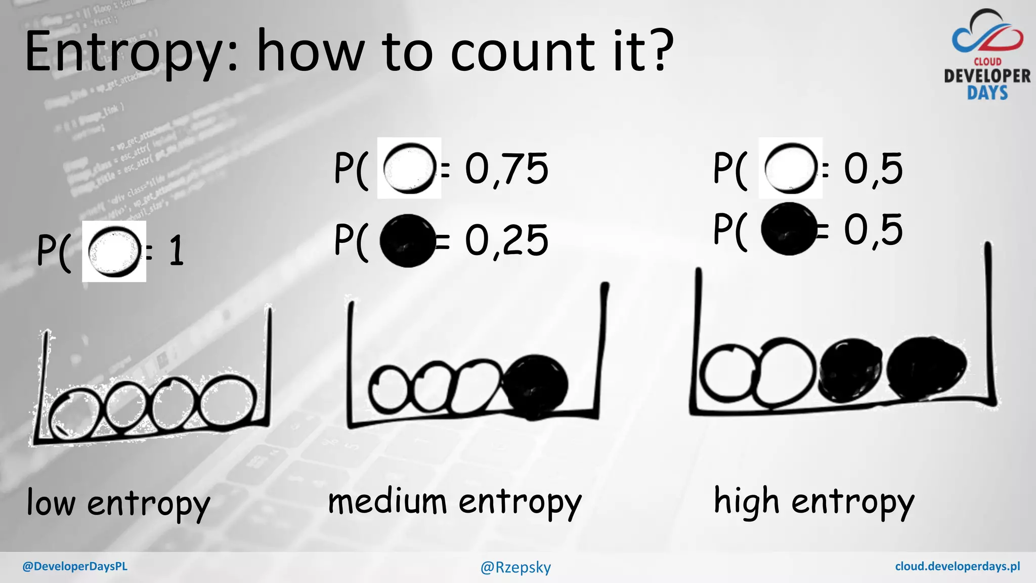 cloud.developerdays.pl@DeveloperDaysPL
Entropy: how to count it?
@Rzepsky
P( ) = 1
low entropy
P( ) = 0,75
P( ) = 0,25
medium entropy
P( ) = 0,5
P( ) = 0,5
high entropy
 