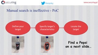 Manual search is ineffective - PoC
Define	your	
target
Specify	target’s	
characteristics
Locate	the	
target
Find a Pepsi
on a next slide…
Rzepsky
 