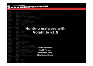 Hunting malware with
   Volatility v2.0



      Frank Boldewin
        CAST Forum
     December 2011
     (English edition)
 