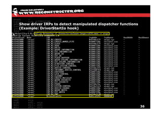Show driver IRPs to detect manipulated dispatcher functions
(Example: DriverStartIo hook)




                                                              36
 