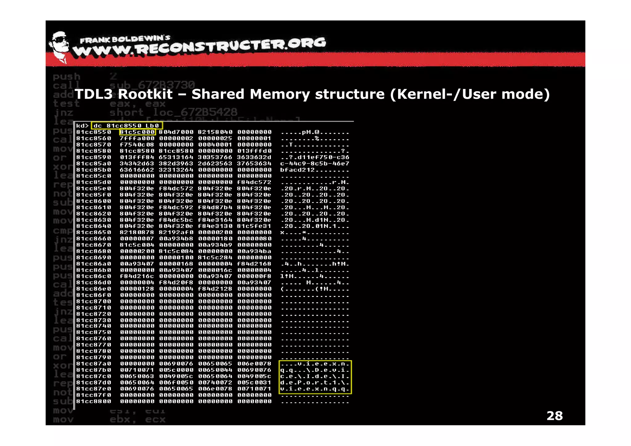 TDL3 Rootkit – Shared Memory structure (Kernel-/User mode)




                                                         28
 
