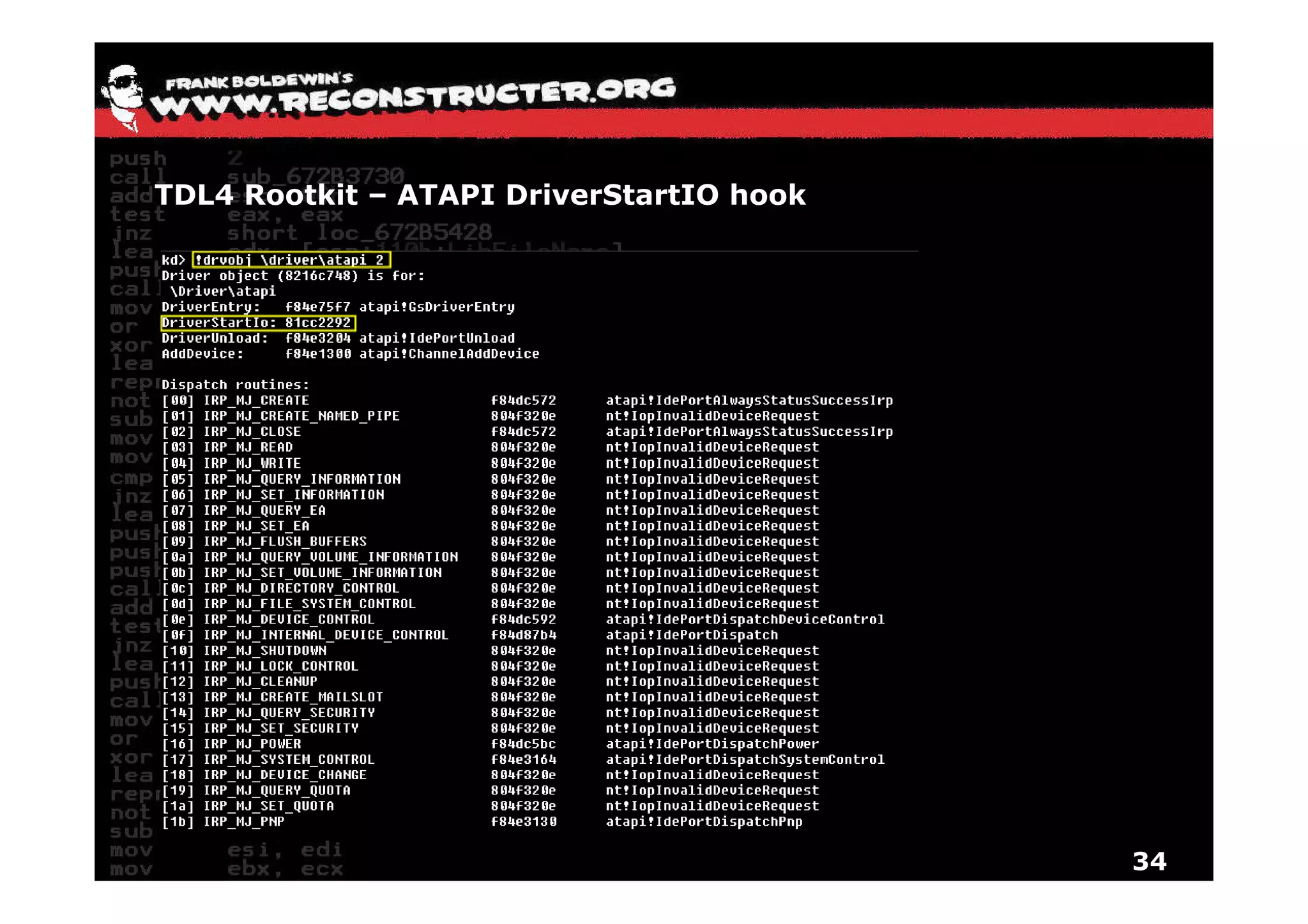 TDL4 Rootkit – ATAPI DriverStartIO hook




                                          34
 
