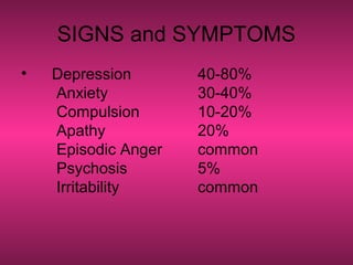 SIGNS and SYMPTOMS
• Depression 40-80%
Anxiety 30-40%
Compulsion 10-20%
Apathy 20%
Episodic Anger common
Psychosis 5%
Irritability common
 