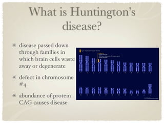 What is Huntington’s
         disease?
disease passed down
through families in
which brain cells waste
away or degenerate
defect in chromosome
#4
abundance of protein
CAG causes disease
 