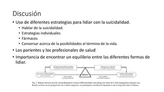 Discusión
• Uso de diferentes estrategias para lidiar con la suicidalidad.
• Hablar de la suicidalidad.
• Estrategias individuales
• Fármacos
• Conversar acerca de la posibilidades al término de la vida.
• Los parientes y los profesionales de salud
• Importancia de encontrar un equilibrio entre las diferentes formas de
lidiar.
 