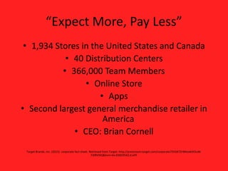 “Expect More, Pay Less”
• 1,934 Stores in the United States and Canada
• 40 Distribution Centers
• 366,000 Team Members
• Online Store
• Apps
• Second largest general merchandise retailer in
America
• CEO: Brian Cornell
Target Brands, Inc. (2015). corporate fact sheet. Retrieved from Target: http://pressroom.target.com/corporate75hGKTZrWkoxKiXDuW-
FJ0RVlXQ&bvm=bv.83829542,d.eXY
 