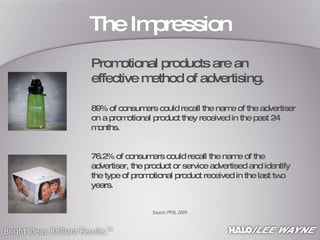 The Impression Promotional products are an effective method of advertising. Source: PPAI, 2009 89% of consumers could recall the name of the advertiser on a promotional product they received in the past 24 months. 76.2% of consumers could recall the name of the advertiser, the product or service advertised and identify the type of promotional product received in the last two years. 