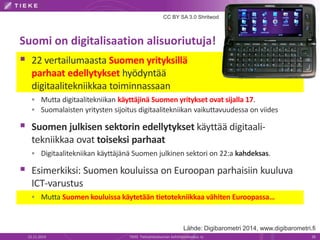CC BY SA 3.0 Shritwod 
Suomi on digitalisaation alisuoriutuja! 
 22 vertailumaasta Suomen yrityksillä 
parhaat edellytykset hyödyntää 
digitaalitekniikkaa toiminnassaan 
 Mutta digitaalitekniikan käyttäjinä Suomen yritykset ovat sijalla 17. 
 Suomalaisten yritysten sijoitus digitaalitekniikan vaikuttavuudessa on viides 
 Suomen julkisen sektorin edellytykset käyttää digitaali-tekniikkaa 
ovat toiseksi parhaat 
 Digitaalitekniikan käyttäjänä Suomen julkinen sektori on 22:a kahdeksas. 
 Esimerkiksi: Suomen kouluissa on Euroopan parhaisiin kuuluva 
ICT-varustus 
 Mutta Suomen kouluissa käytetään tietotekniikkaa vähiten Euroopassa… 
Lähde: Digibarometri 2014, www.digibarometri.fi 
22.11.2014 TIEKE Tietoyhteiskunnan kehittämiskeskus ry 28 
 