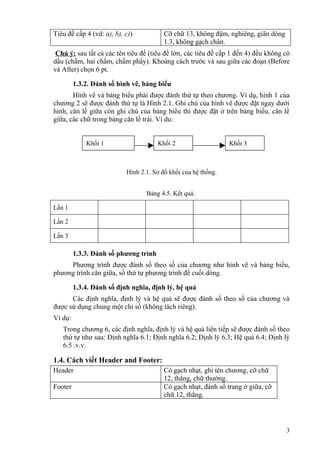 Tiêu đề cấp 4 (vd: a), b), c))           Cỡ chữ 13, không đậm, nghiêng, giãn dòng
                                         1.3, không gạch chân.
 Chú ý: sau tất cả các tên tiêu đề (tiêu đề lớn, các tiêu đề cấp 1 đến 4) đều không có
dấu (chấm, hai chấm, chấm phẩy). Khoảng cách trước và sau giữa các đoạn (Before
và After) chọn 6 pt.

         1.3.2. Đánh số hình vẽ, bảng biểu
       Hình vẽ và bảng biểu phải được đánh thứ tự theo chương. Ví dụ, hình 1 của
chương 2 sẽ được đánh thứ tự là Hình 2.1. Ghi chú của hình vẽ được đặt ngay dưới
hình, căn lề giữa còn ghi chú của bảng biểu thì được đặt ở trên bảng biểu, căn lề
giữa, các chữ trong bảng căn lề trái. Ví du:


             Khối 1                    Khối 2                   Khối 3



                           Hình 2.1. Sơ đồ khối của hệ thống.


                                  Bảng 4.5. Kết quả.

Lần 1

Lần 2

Lần 3

         1.3.3. Đánh số phương trình
     Phương trình được đánh số theo số của chương như hình vẽ và bảng biểu,
phương trình căn giữa, số thứ tự phương trình để cuối dòng.

         1.3.4. Đánh số định nghĩa, định lý, hệ quả
      Các định nghĩa, định lý và hệ quả sẽ được đánh số theo số của chương và
được sử dụng chung một chỉ số (không tách riêng).
Ví dụ:
   Trong chương 6, các định nghĩa, định lý và hệ quả liên tiếp sẽ được đánh số theo
   thứ tự như sau: Định nghĩa 6.1; Định nghĩa 6.2; Định lý 6.3; Hệ quả 6.4; Định lý
   6.5 .v.v.

1.4. Cách viết Header and Footer:
Header                                   Có gạch nhạt, ghi tên chương, cỡ chữ
                                         12, thẳng, chữ thường.
Footer                                   Có gạch nhạt, đánh số trang ở giữa, cỡ
                                         chữ 12, thẳng.




                                                                                    3
 