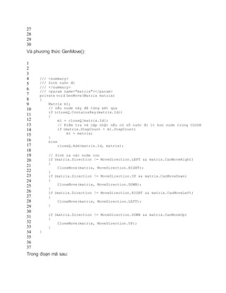 27
28
29
30
Và phương thức GenMove():
1
2
3
4
5
6
7
8
9
10
11
12
13
14
15
16
17
18
19
20
21
22
23
24
25
26
27
28
29
30
31
32
33
34
35
36
37
/// <summary>
/// Sinh nước đi
/// </summary>
/// <param name="matrix"></param>
private void GenMove(Matrix matrix)
{
Matrix m1;
// nếu node này đã từng xét qua
if (closeQ.ContainsKey(matrix.Id))
{
m1 = closeQ[matrix.Id];
// Kiểm tra và cập nhật nếu có số nước đi ít hơn node trong CLOSE
if (matrix.StepCount < m1.StepCount)
m1 = matrix;
}
else
closeQ.Add(matrix.Id, matrix);
// Sinh ra các node con
if (matrix.Direction != MoveDirection.LEFT && matrix.CanMoveRight)
{
CloneMove(matrix, MoveDirection.RIGHT);
}
if (matrix.Direction != MoveDirection.UP && matrix.CanMoveDown)
{
CloneMove(matrix, MoveDirection.DOWN);
}
if (matrix.Direction != MoveDirection.RIGHT && matrix.CanMoveLeft)
{
CloneMove(matrix, MoveDirection.LEFT);
}
if (matrix.Direction != MoveDirection.DOWN && matrix.CanMoveUp)
{
CloneMove(matrix, MoveDirection.UP);
}
}
Trong đoạn mã sau:
 