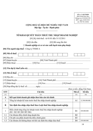 Mẫu số: 03/TNDN
                                                                                                                                          (Ban hành kèm theo
                                                                                                                                        Thông tư số 28/2011/TT-
                                                                                                                                         BTC ngày 28/02/2011
                                                                                                                                           của Bộ Tài chính)

                                           CỘNG HOÀ XÃ HỘI CHỦ NGHĨA VIỆT NAM
                                                 Độc lập - Tự do - Hạnh phúc
                                                   _____________________

                         TỜ KHAI QUYẾT TOÁN THUẾ THU NHẬP DOANH NGHIỆP
                                                  [01] Kỳ tính thuế: từ 01/01 đến 31/12/2011
                                            [02] Lần đầu                                [03] Bổ sung lần thứ:
                                     □ Doanh nghiệp có cơ sở sản xuất hạch toán phụ thuộc
[04] Tên người nộp thuế : Công ty TNHH A

[05] Mã số thuế:

[06] Địa chỉ: ......................................................................................................................................................
[07] Quận/huyện: ........................................... [08] Tỉnh/Thành phố: ................................................................
[09] Điện thoại: .............................. [10] Fax: ................................[11] Email: ................................

[12] Tên đại lý thuế (nếu có):.........................................................................................................................

[13] Mã số thuế:

[14] Địa chỉ:....................................................................................................................................................
[15] Quận/huyện:..........................................[16] Tỉnh/Thành phố:............................................................
[17] Điện thoại:............................................[18] Fax:.................................[19] Email:...................................
[20] Hợp đồng đại lý thuế: số:.................ngày:...........................................................................................
                                                                                                           Đơn vị tiền: đồng Việt Nam
 STT                                            Chỉ tiêu                                                              Mã số             Số tiền
  (1)                                                                (2)                                                                (3)               (4)
   A        Kết quả kinh doanh ghi nhận theo báo cáo tài chính
   1        Tổng lợi nhuận kế toán trước thuế thu nhập doanh nghiệp                                                                     A1        12.500.000.000


   B        Xác định thu nhập chịu thuế theo Luật thuế thu nhập doanh nghiệp

            Điều chỉnh tăng tổng lợi nhuận trước thuế thu nhập doanh nghiệp
   1                                                                                                                                    B1        450.000.000
            (B1= B2+B3+B4+B5+B6)
  1.1       Các khoản điều chỉnh tăng doanh thu                                                                                         B2
  1.2       Chi phí của phần doanh thu điều chỉnh giảm                                                                                  B3
  1.3       Các khoản chi không được trừ khi xác định thu nhập chịu thuế                                                                B4        450.000.000

                                                                                                                                                    14
 