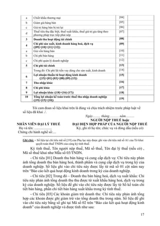 a      Chiết khấu thương mại                                                  [04]
      b      Giảm giá hàng bán                                                      [05]
      c      Giá trị hàng bán bị trả lại                                            [06]
             Thuế tiêu thụ đặc biệt, thuế xuất khẩu, thuế giá trị gia tăng theo     [07]
      d
             phương pháp trực tiếp phải nộp
      3      Doanh thu hoạt động tài chính                                          [08]
             Chi phí sản xuất, kinh doanh hàng hoá, dịch vụ                         [09]
      4
             ([09]=[10]+[11]+[12])
      a      Giá vốn hàng bán                                                       [10]
      b      Chi phí bán hàng                                                       [11]
      c      Chi phí quản lý doanh nghiệp                                           [12]
      5      Chi phí tài chính                                                      [13]
             Trong đó: Chi phí lãi tiền vay dùng cho sản xuất, kinh doanh           [14]
             Lợi nhuận thuần từ hoạt động kinh doanh                                [15]
      6
                 ([15]=[01]-[03]+[08]-[09]-[13])
      7      Thu nhập khác                                                          [16]

      8      Chi phí khác                                                           [17]
     9       Lợi nhuận khác ([18]=[16]-[17])                                        [18]
     10      Tổng lợi nhuận kế toán trước thuế thu nhập doanh nghiệp
                                                                                    [19]
             ([19]=[15]+[18])

           Tôi cam đoan số liệu khai trên là đúng và chịu trách nhiệm trước pháp luật về
   số liệu đã khai ./.
                                                 Ngày......... tháng........... năm..........
                                                     NGƯỜI NỘP THUẾ hoặc
NHÂN VIÊN ĐẠI LÝ THUẾ                   ĐẠI DIỆN HỢP PHÁP CỦA NGƯỜI NỘP THUẾ
 Họ và tên: ....................           Ký, ghi rõ họ tên; chức vụ và đóng dấu (nếu có)
 Chứng chỉ hành nghề số:....

    Ghi chú: - Số liệu tại chỉ tiêu mã số [19] của Phụ lục này được ghi vào chỉ tiêu mã số A1 của Tờ khai
              quyết toán thuế TNDN của cùng kỳ tính thuế.
          Kỳ tính thuế, Tên người nộp thuế, Mã số thuế, Tên đại lý thuế (nếu có) ,
    Mã số thuế khai như Mẫu số 03/TNDN.
          - Chỉ tiêu [01] Doanh thu bán hàng và cung cấp dịch vụ: Chỉ tiêu này phản
    ánh tổng doanh thu bán hàng hoá, thành phẩm và cung cấp dịch vụ trong kỳ của
    doanh nghiệp. Số liệu ghi vào chỉ tiêu này được lấy từ mã số 01 cột năm nay
    trên “Báo cáo kết quả hoạt động kinh doanh trong kỳ của doanh nghiệp.
          - Chỉ tiêu [02] Trong đó – Doanh thu bán hàng hoá, dịch vụ xuất khẩu: Chỉ
    tiêu này phản ánh tổng doanh thu thu được từ xuất khẩu hàng hoá, dịch vụ trong
    kỳ của doanh nghiệp. Số liệu để ghi vào chỉ tiêu này được lấy từ Sổ kế toán chi
    tiết bán hàng, phần chi tiết bán hàng xuất khẩu trong kỳ tính thuế.
          - Chỉ tiêu [03] Các khoản giảm trừ doanh thu: Chỉ tiêu này phản ánh tổng
    hợp các khoản được ghi giảm trừ vào tổng doanh thu trong năm. Số liệu để ghi
    vào chỉ tiêu này bằng số ghi tại Mã số 02 trên “Báo cáo kết quả hoạt động kinh
    doanh” của doanh nghiệp và được tính như sau:
                                                                                                      17
 