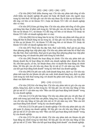 [03] = [04] + [05] + [06] + [07]
       - Chỉ tiêu [04] Chiết khấu thương mại: Chỉ tiêu này phản ánh tổng số tiền
chiết khấu mà doanh nghiệp đã giảm trừ hoặc đã thanh toán cho người mua
trong kỳ tính thuế. Số liệu ghi vào chỉ tiêu này được lấy từ bên nợ tài khoản 511
đối ứng với bên có tài khoản 521 ( hoặc tài khoản 5211 đối với doanh nghiệp
nhỏ và vừa).
       - Chỉ tiêu [05] Giảm giá hàng bán: Chỉ tiêu này phản ánh tổng số tiền giảm
giá hàng bán thực tế phát sinh trong kỳ. Số liệu ghi vào chỉ tiêu này được lấy từ
bên nợ tài khoản 511, tài khoản 512 đối ứng với bên có tài khoản 532 (hoặc tài
khoản 5213 đối với doanh nghiệp nhỏ và vừa)
        - Chỉ tiêu [06] Giá trị hàng bán bị trả lại: Chỉ tiêu này phản ánh tổng giá trị
hàng đã bán bị khách hàng trả lại trong kỳ. số liệu ghi vào chỉ tiêu này được lấy
từ bên nợ tài khoản 511, tài khoản 512 đối ứng bên có tài khoản 531 (hoặc tài
khoản 5212 đối với daonh nghiệp nhỏ và vừa)
       - Chỉ tiêu [07] Thuế tiêu thu đặc biệt, thuế xuất khẩu, thuế giá trị gia tăng
theo phương pháp trực tiếp phải nộp: Chỉ tiêu này phản ánh toàn bộ số thuế tiêu
thu đặc biệt, thuế xuất khẩu, thuế giá trị gia tăng theo phương pháp trực tiếp phải
nộp tương ứng với doanh thu phát sinh trong kỳ tính thuế.
       - Chỉ tiêu [08] Doanh thu hoạt động tài chính: Chỉ tiêu này phản ánh các
khoản doanh thu từ hoạt động tài chính của doanh nghiệp như: doanh thu tiền
lãi, tiền bản quyền, cổ tức, lợi nhuận được chia và doanh thu hoạt động tài chính
khác. Số liêu ghi vào chỉ tiêu này được lấy từ mã số 21 cột năm nay trên “Báo
cáo kết quả hoạt động kinh doanh” trong kỳ tính thuế của doanh nghiệp.
       - Chỉ tiêu [09] Chi phí sản xuất, kinh doanh hàng hoá, dịch vụ: Chỉ tiêu này
phản ánh toàn bộ các khoản chi phí sản xuất, kinh doanh hàng hoá, dịch vụ phát
sinh trong kỳ tính thuế tương ứng với doanh thu phát sinh trong kỳ, chỉ tiêu này
được xác định như sau:
                                   [09] = [10] +[11]+[12]
       - Chỉ tiêu [10] Giá vốn hàng bán: Chỉ tiêu này phản ánh trị giá vốn của sản
phẩm, hàng hoá, dịch vụ bán trong kỳ. Số liệu ghi vào chỉ tiêu này bằng số liệu
ghi tại mã số 11 cột năm nay trên “Báo cáo kết quả hoạt động kinh doanh” trong
kỳ của doanh nghiệp.
       - Chỉ tiêu [11] Chi phí bán hàng: Chỉ tiêu này phản ánh các chi phí thực tế
phát sinh trong quá trình bán sản phẩm, hàng hoá, cung cấp dịch vụ. Số liệu ghi
vào chỉ tiêu này bằng số liệu ghi trên mã số 24 cột năm nay trên “Báo cáo kết
quả hoạt động kinh doanh” trong kỳ của doanh nghiệp.
       - Chỉ tiêu [12] Chi phí quản lý doanh nghiệp: Chỉ tiêu này phản ánh các chi
phí quản lý chung của doanh nghiệp. Số liệu ghi vào chỉ tiêu này bằng số liệu
ghi tại mã số 25 cột năm nay trên “Báo cáo kết quả hoạt động kinh doanh” trong
kỳ của doanh nghiệp.
       - Chỉ tiêu [13] Chi phí tài chính: Chỉ tiêu này phản ánh các khoản chi phí
hoạt động tài chính trong kỳ tính thuế. Số liệu ghi vào chỉ tiêu này bằng số liệu
ghi tại mã số 22 trên “Báo cáo kết quả hoạt động kinh doanh” của doanh nghiệp.
                                                                                    18
 