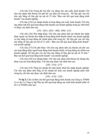 - Chỉ tiêu [14] Trong đó Lãi tiền vay dùng cho sản xuất, kinh doanh: Chỉ
tiêu này phản ánh khoản chi phí lãi vay phải trả trong kỳ . Số liệu ghi vào chỉ
tiêu này bằng số liệu ghi tại mã số 23 trên “Báo cáo kết quả hoạt động kinh
doanh” của doanh nghiệp.
     - Chỉ tiêu [15] Lợi nhuận thuần từ hoạt động sản xuất, kinh doanh: Chỉ tiêu
này phản ánh kết quả hoạt động kinh doanh của doanh nghiệp trong kỳ tính thuế
và được xác định như sau:
                         [15] = [01] - [03] + [08] - [09] - [13]
     - Chỉ tiêu [16] Thu nhập khác: Chỉ tiêu này phản ánh các khoản thu nhập
khác ngoài các khoản thu nhập từ hoạt động kinh doanh chính của doanh nghiệp
và thu nhập từ hoạt động tài chính phát sinh trong kỳ. Số liệu ghi vào chỉ tiêu
này bằng số liệu ghi tại mã số 31 trên “ Báo cáo kết quả hoạt động kinh doanh”
của doanh nghiệp.
     - Chỉ tiêu [17] Chi phí khác: Chỉ tiêu này phản ánh các khoản chi phí của
các hoạt động khác ngoài hoạt động kinh doanh chính và hoạt động tài chính của
doanh nghiệp. Số liệu ghi vào chỉ tiêu này bằng số liệu ghi tại mã số 32 trên “
Báo cáo kết quả hoạt động kinh doanh” của doanh nghiệp.
     - Chỉ tiêu [18] Lợi nhuận khác: Chỉ tiêu này phản ánh khoản lợi nhuận thu
được của các hoạt động khác. Chỉ tiêu này được xác định như sau:
                                   [18] = [16] - [17]
     - Chỉ tiêu [19] Tổng lợi nhuận kế toán trước thuế thu nhập doanh nghiệp:
Chỉ tiêu này phản ánh tổng số lợi nhuận kế toán của doanh nghiệp phát sinh
trong kỳ, chỉ tiêu này được xác định như sau:
                                  [19] = [15] + [18]
     Ví dụ 2: Căn cứ Báo cáo kết quả hoạt động kinh doanh của Công ty TNHH
A (ví dụ 1), Công ty lập Phụ lục kết quả hoạt động sản xuất kinh doanh (mẫu số
03-1A/TNDN) như sau:




                                                                             19
 