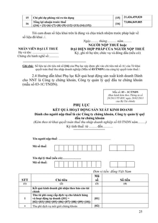 15   Chi phí dự phòng rủi ro tín dụng                                                               [15]   21,426,459,820
              Tổng lợi nhuận trước thuế                                                                             73,886,849.885
         16                                                                                                  [16]
              ([16] = [3]+[6]+[7]+[8]+[9]+[12]+[13]-[14]-[15])

           Tôi cam đoan số liệu khai trên là đúng và chịu trách nhiệm trước pháp luật về
  số liệu đã khai ./.
                                                     Ngày......... tháng........... năm..........
                                                         NGƯỜI NỘP THUẾ hoặc
NHÂN VIÊN ĐẠI LÝ THUẾ                        ĐẠI DIỆN HỢP PHÁP CỦA NGƯỜI NỘP THUẾ
Họ và tên: .................................   Ký, ghi rõ họ tên; chức vụ và đóng dấu (nếu có)
Chứng chỉ hành nghề số:............


    Ghi chú: Số liệu tại chỉ tiêu mã số [16] của Phụ lục này được ghi vào chỉ tiêu mã số A1 của Tờ khai
             quyết toán thuế thu nhập doanh nghiệp (Mẫu số 03/TNDN) của cùng kỳ quyết toán thuế./.

          2.4 Hướng dẫn khai Phụ lục Kết quả hoạt động sản xuất kinh doanh Dành
    cho NNT là Công ty chứng khoán, Công ty quản lý quỹ đầu tư chứng khoán
    (mẫu số 03-1C/TNDN).

                                                                                                         Mẫu số: 03 – 1C/TNDN
                                                                                                      (Ban hành kèm theo Thông tư số
                                                                                                     28/2011/TT-BTC ngày 28/02/2011
                                                                                                            của Bộ Tài chính)
                                                             PHỤ LỤC
                            KẾT QUẢ HOẠT ĐỘNG SẢN XUẤT KINH DOANH
                Dành cho người nộp thuế là các Công ty chứng khoán, Công ty quản lý quỹ
                                             đầu tư chứng khoán
               (Kèm theo tờ khai quyết toán thuế thu nhập doanh nghiệp số 03/TNDN năm.........)
                                      Kỳ tính thuế: từ ……. đến………


              Tên người nộp thuế: ........................................................................

              Mã số thuế:



              Tên đại lý thuế (nếu có):……………….
              Mã số thuế:


                                                                                     Đơn vị tiền: đồng Việt Nam
                                                                                     Mã
   STT                                   Chỉ tiêu                                     số                Số tiền
    (1)                                       (2)                                      (3)                          (4)
              Kết quả kinh doanh ghi nhận theo báo cáo tài
              chính
              Thu từ phí cung cấp dịch vụ cho khách hàng
     1        và hoạt động tự doanh ([01] =                                           [01]
              [02]+[03]+[04]+[05]+[06]+[07]+[08]+[09]+[10])
     a        Thu phí dịch vụ môi giới chứng khoán                                    [02]

                                                                                                                                25
 