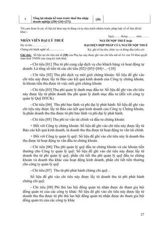 7        Tổng lợi nhuận kế toán trước thuế thu nhập              [28]
            doanh nghiệp ([28]=[24]+[27])

Tôi cam đoan là các số liệu kê khai này là đúng và tự chịu trách nhiệm trước pháp luật về số liệu đã kê
khai./.
                                                                          Ngày........ tháng........... năm..........
NHÂN VIÊN ĐẠI LÝ THUẾ                                                   NGƯỜI NỘP THUẾ hoặc
Họ và tên:……………                                           ĐẠI DIỆN HỢP PHÁP CỦA NGƯỜI NỘP THUẾ
Chứng chỉ hành nghề số....................                  Ký, ghi rõ họ tên; chức vụ và đóng dấu (nếu có)
Ghi chú: Số liệu tại chỉ tiêu mã số [28] của Phụ lục này được ghi vào chỉ tiêu mã số A1 của Tờ khai quyết
toán thuế TNDN của cùng kỳ tính thuế.

      - Chỉ tiêu [01] Thu từ phí cung cấp dịch vụ cho khách hàng và hoạt động tự
  doanh: Là tổng số tiền từ các chỉ tiêu [02]+[03]+[04]+...+[10]
        - Chỉ tiêu [02] Thu phí dịch vụ môi giới chứng khoán: Số liệu để ghi vào
  chỉ tiêu này được lấy từ Báo cáo kết quả kinh doanh của Công ty chứng khoán,
  là khoản tiền thu được từ việc môi giới chứng khoán
      - Chỉ tiêu [03] Thu phí quản lý danh mục đầu tư: Số liệu để ghi vào chỉ tiêu
  này được lấy từ phần doanh thu phí quản lý danh mục đầu tư (đối với công ty
  quản lý Quỹ ĐTCK)
        - Chỉ tiêu [04] Thu phí bảo lãnh và phí đại lý phát hành: Số liệu để ghi vào
  chỉ tiêu này được lấy từ Báo cáo kết quả kinh doanh của Công ty Chứng khoán,
  là phần doanh thu thu được từ phí bảo lãnh và phí đại lý phát hành.
         - Chỉ tiêu [05] Thu phí tư vấn tài chính và đầu tư chứng khoán:
      + Đối với Công ty chứng khoán: Số liệu để ghi vào chỉ tiêu này được lấy từ
  Báo cáo kết quả kinh doanh, là doanh thu thu được từ hoạt động tư vấn tài chính.
       + Đối với Công ty quản lý quỹ: Số liệu để ghi vào chỉ tiêu này là doanh thu
  thu được từ hoạt động tư vấn đầu tư chứng khoán.
       - Chỉ tiêu [06] Thu phí quản lý quỹ đầu tư chứng khoán và các khoản tiền
  thưởng cho Công ty quản lý quỹ: Số liệu để ghi vào chỉ tiêu này được lấy từ
  doanh thu từ phí quản lý quỹ, phần chi tiết thu phí quản lý quỹ đầu tư chứng
  khoán và doanh thu khác của hoạt động kinh doanh, phần chi tiết tiền thưởng
  cho công ty quản lý quỹ
         - Chỉ tiêu [07] Thu từ phí phát hành chứng chỉ quỹ: .
      Số liệu để ghi vào chỉ tiêu này được lấy từ doanh thu từ phí phát hành
  chứng chỉ quỹ.
      - Chỉ tiêu [08] Phí thù lao hội đồng quản trị nhận được do tham gia hội
  đồng quản trị của các công ty khác: Số liệu để ghi vào chỉ tiêu này được lấy từ
  doanh thu thu được từ phí thù lao hội đồng quản trị nhận được do tham gia hội
  đồng quản trị của các công ty khác


                                                                                                             27
 