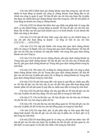 - Chỉ tiêu [09] Chênh lệch giá chứng khoán mua bán trong kỳ, thu lãi trái
phiếu từ hoạt động tự doanh của công ty chứng khoán, hoạt động đầu tư tài
chính của công ty quản lý quỹ: Số liệu để ghi vào chỉ tiêu này được lấy từ phần
thu được do chênh lệch giá chứng khoán mua bán trong kỳ, tiền lãi trái phiếu từ
hoạt động tự doanh của công ty chứng khoán.
     - Chỉ tiêu [10] Các khoản thu khác theo quy định của pháp luật về cung cấp
dịch vụ cho khách hàng và hoạt động tự doanh: Số liệu để ghi vào chỉ tiêu này
được lấy từ Báo cáo kết quả kinh doanh của cơ sở kinh doanh, là các khoản thu
khác mà công ty thu được.
     - Chỉ tiêu [11] Chi phí để thực hiện cung cấp dịch vụ cho khách hàng và
các chi phí cho hoạt động tự doanh : Là tổng số tiền từ các chỉ tiêu
[12]+[13]+......+[22]+[23]).
     - Chỉ tiêu [12] Chi nộp phí thành viên trung tâm giao dịch chứng khoán
(đối với công ty là thành viên của Trung tâm giao dịch chứng khoán): Số liệu để
ghi vào chỉ tiêu này là khoản chi nộp phí thành viên trung tâm giao dịch chứng
khoán mà của Công ty.
      - Chỉ tiêu [13] Chi phí lưu ký chứng khoán, phí giao dịch chứng khoán tại
Trung tâm giao dịch chứng khoán: Số liệu để ghi vào chỉ tiêu này là khoản phí
lưu ký, phí giao dịch chứng khoán tại Trung tâm giao dịch chứng khoán trong kỳ
tính thuế.
     - Chỉ tiêu [14] Phí niêm yết và đăng ký chứng khoán (đối với công ty phát
hành chứng khoán niêm yết tại Trung tâm giao dịch chứng khoán): Số liệu để
ghi vào chỉ tiêu này là phần phí niêm yết và đăng ký chứng khoán tại Trung tâm
giao dịch chứng khoán trong kỳ tính thuế.
     - Chỉ tiêu [15] Chi phí liên quan đến việc quản lý quỹ đầu tư, danh mục đầu
tư: Số liệu để ghi vào chỉ tiêu này là các chi phí liên quan đến hoạt động kinh
doanh; phần chi tiết phí quản lý quỹ đầu tư, danh mục đầu tư trong kỳ tính thuế.
      - Chỉ tiêu [16] Chi phí huy động vốn cho quỹ đầu tư: Số liệu để ghi vào chỉ
tiêu này là phần chi phí huy động vốn cho quỹ đầu tư trong kỳ tính thuế.
     - Chỉ tiêu [17] Chi trả lãi tiền vay: Số liệu để ghi vào chỉ tiêu này là khoản
chi phí lãi tiền vay mà công ty phải chi trả.
      - Chỉ tiêu [18] Chi phí thù lao cho hội đồng quản trị: Số liệu để ghi vào chỉ
tiêu này là phần chi để trả thù lao cho hội đồng quản trị trong kỳ tính thuế.
      - Chỉ tiêu [19] Chi nộp thuế, phí, lệ phí phải nộp có liên quan đến hoạt
động kinh doanh: Số liệu để ghi vào chỉ tiêu này là phần chi về thuế, phí và lệ
phí trong kỳ tính thuế.
     - Chỉ tiêu [20] Chi hoạt động quản lý và công vụ, chi phí cho nhân viên: Số
liệu để ghi vào chỉ tiêu này được lấy từ phần chi tiết chi phí vật liệu quản lý, chi
phí dịch vụ mua ngoài và chi phí cho nhân viên trong kỳ tính thuế.


                                                                                 28
 