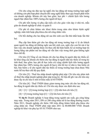 Chi cho công tác đào tạo lại nghề cho lao động nữ trong trường hợp nghề
cũ không còn phù hợp phải chuyển đổi sang nghề khác theo quy hoạch phát triển
của doanh nghiệp. Khoản chi này bao gồm: học phí + chênh lệch tiền lương
ngạch bậc (đảm bảo 100% lương cho người đi học)
     Chi phí tiền lương và phụ cấp (nếu có) cho giáo viên dạy ở nhà trẻ, mẫu
giáo do doanh nghiệp tổ chức và quản lí
     Chi phí tổ chức khám sức khoẻ thêm trong năm như khám bệnh nghề
nghiệp, mãn tính hoặc phụ khoa cho nữ công nhân viên.
       Chi bồi dưỡng cho lao động nữ sau khi sinh con lần thứ nhất hoặc lần thứ
hai.
     Phụ cấp làm thêm giờ cho lao động nữ trong trường hợp vì lý do khách
quan người lao động nữ không nghỉ sau khi sinh con, nghỉ cho con bú mà ở lại
làm việc cho doanh nghiệp được trả theo chế độ hiện hành; kể cả trường hợp trả
lương bằng sản phẩm mà lao động nữ vẫn làm việc trong thời gian không nghỉ
theo chế độ.
     Chỉ tiêu [2] Tổng số các khoản chi cho lao động là người dân tộc thiểu số:
kê khai tổng các khoản chi thêm cho lao động là người dân tộc thiểu số trong kỳ
tính thuế, bao gồm: học phí đi học (nếu có) cộng chênh lệch tiền lương ngạch
bậc (đảm bảo 100% lương cho người đi học); tiền hỗ trợ về nhà ở, bảo hiểm xã
hội, bảo hiểm y tế cho người dân tộc thiểu số trong trường hợp chưa được Nhà
nước hỗ trợ theo chế độ quy định.
     Chỉ tiêu [3] : Thuế thu nhập doanh nghiệp phải nộp: Chỉ tiêu này phản ánh
số thuế thu nhập doanh nghiệp phải nộp trong kỳ. Số liệu để ghi vào chỉ tiêu này
được lấy từ chỉ tiêu E trên tờ khai mẫu số 03/TNDN.
     Chỉ tiêu [4] : Thuế TNDN được giảm tương ứng mức chi cho lao động nữ,
lao động là người dân tộc thiểu số: Chỉ tiêu này được xác định như sau:
       [4] = [1] + [2] trong trường hợp ([1] + [2]) nhỏ hơn chỉ tiêu [3]
       [4] = [3] trong trường hợp ([1] + [2]) lớn hơn chỉ tiêu [3]
     Ví dụ 8: Doanh nghiệp A hoạt động trong ngành sản xuất, gia công hàng
may mặc. Trong năm 2011, DN có 200 công nhân nữ là lao động thường xuyên.
Năm 2011, Doanh nghiệp chi thêm 100 triệu đồng khám bệnh phụ khoa cho
công nhân nữ. Thuế TNDN phải nộp năm 2011 là 80.000.000 VND. Doanh
nghiệp kê khai vào phụ lục 03-3C/TNDN như sau:




                                                                             46
 