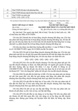 10       Thuế TNDN đã nộp ở địa phương khác                                       [16]

11       Thuế TNDN đã tạm nộp kê khai theo tiến độ                                [17]

12       Thuế TNDN còn phải nộp                                                   [18]
         ([18] = [15] - [16] - [17])

      Tôi cam đoan số liệu kê khai trên là đúng và tự chịu trách nhiệm trước pháp luật về số liệu đã kê khai./.
                                                                      Ngày......... tháng........... năm..........
         NHÂN VIÊN ĐẠI LÝ THUẾ                                        NGƯỜI NỘP THUẾ hoặc
         Họ và tên:…………………….                            ĐẠI DIỆN HỢP PHÁP CỦA NGƯỜI NỘP THUẾ
         Chứng chỉ hành nghề số ........                  Ký, ghi rõ họ tên; chức vụ và đóng dấu (nếu có)
          Kỳ tính thuế, Tên người nộp thuế, Mã số thuế, Tên đại lý thuế (nếu có) , Mã
     số thuế khai như Mẫu số 03/TNDN.
          Chỉ tiêu [01] Doanh thu từ hoạt động chuyển nhượng bất động sản: Chỉ tiêu
     này phản ánh tổng doanh thu từ hoạt động chuyển nhượng bất động sản, Số liệu để
     ghi vào chỉ tiêu này được lấy từ sổ kế toán chi tiết doanh thu bán hàng hoá và cung
     cấp dịch vụ, phần doanh thu từ hoạt động chuyển nhượng bất động sản.
          Chỉ tiêu này được xác định theo hướng dẫn tại điểm 1.1 mục II Phần G Thông
     tư số 130/2008/TT-BTC ngày 26/12/2008 của Bộ Tài chính.
          Chỉ tiêu [02] Chi phí từ hoạt động chuyển nhượng bất động sản: Chỉ tiêu này
     phản ánh toàn bộ các chi phí liên quan đến doanh thu để tính thu nhập chịu thuế từ
     hoạt động chuyển nhượng bất động sản, chỉ tiêu này được xác định như sau:
                                [02] = [03] + [04] + [05] + [06] + [07] + [08]
           Chỉ tiêu [03] Giá vốn của đất chuyển nhượng: Chỉ tiêu này phản ánh giá vốn
     của đất chuyển nhượng và được xác định phù hợp với nguồn gốc quyền sử dụng
     đất theo hướng dẫn tại khoản (b) điểm 1.2 mục II phần G thông tư số
     130/2008/TT-BTC. Số liệu để ghi vào chỉ tiêu này được lấy từ sổ kế toán chi tiết
     tài khoản 632 “ Giá vốn hàng bán” phần chi tiết giá vốn của đất chuyển nhượng.
          Chỉ tiêu [04] Chi phí đền bù thiệt hại về đất: Chỉ tiêu này phản ánh các khoản
     chi phí liên quan đến việc đền bù giải phóng mặt bằng cho phần đất chuyển
     nhượng theo hợp đồng chuyển nhượng hoặc theo quy định của nhà nước.
          Chỉ tiêu [05] Chi phí đền bù thiệt hại về hoa mầu: Chỉ tiêu này phản ánh số
     tiền đền bù thiệt hại về hoa màu trồng trên đất chuyển nhượng theo hợp đồng
     chuyển nhượng hoặc theo quy định của nhà nước.
         Chỉ tiêu [06] Chi phí cải tạo san lấp mặt bằng: Chỉ tiêu này phản ánh các
     khoản chi phí phục vụ cho việc cải tạo, san lấp mặt bằng.
         Chỉ tiêu [07] Chi phí đầu tư xây dựng cơ sở hạ tầng: Chỉ tiêu này phản ánh
     các khoản chi phí liên quan đến việc xây dựng cơ sở hạ tầng của đất chuyển
     nhượng như: đường giao thông nội bộ,trạm biến thế điện, hệ thống cấp, thoát
     nước...

                                                        54
 