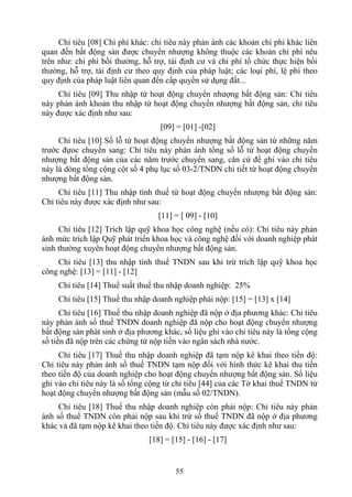 Chỉ tiêu [08] Chi phí khác: chỉ tiêu này phản ánh các khoản chi phí khác liên
quan đến bất động sản được chuyển nhượng không thuộc các khoản chi phí nêu
trên như: chi phí bồi thường, hỗ trợ, tái định cư và chi phí tổ chức thực hiện bồi
thường, hỗ trợ, tái định cư theo quy định của pháp luật; các loại phí, lệ phí theo
quy định của pháp luật liên quan đến cấp quyền sử dụng đất...
     Chỉ tiêu [09] Thu nhập từ hoạt động chuyển nhượng bất động sản: Chỉ tiêu
này phản ánh khoản thu nhập từ hoạt động chuyển nhượng bất động sản, chỉ tiêu
này được xác định như sau:
                                   [09] = [01] -[02]
     Chỉ tiêu [10] Số lỗ từ hoạt động chuyển nhượng bất động sản từ những năm
trước đựoc chuyển sang: Chỉ tiêu này phản ánh tổng số lỗ từ hoạt động chuyển
nhượng bất động sản của các năm trước chuyển sang, căn cứ để ghi vào chỉ tiêu
này là dòng tổng cộng cột số 4 phụ lục số 03-2/TNDN chi tiết từ hoạt động chuyển
nhượng bất động sản.
     Chỉ tiêu [11] Thu nhập tính thuế từ hoạt động chuyển nhượng bất động sản:
Chỉ tiêu này được xác định như sau:
                                   [11] = [ 09] - [10]
     Chỉ tiêu [12] Trích lập quỹ khoa học công nghệ (nếu có): Chỉ tiêu này phản
ánh mức trích lập Quỹ phát triển khoa học và công nghệ đối với doanh nghiệp phát
sinh thường xuyên hoạt động chuyển nhượng bất động sản.
    Chỉ tiêu [13] thu nhập tính thuế TNDN sau khi trừ trích lập quỹ khoa học
công nghệ: [13] = [11] - [12]
     Chỉ tiêu [14] Thuế suất thuế thu nhập doanh nghiệp: 25%
     Chỉ tiêu [15] Thuế thu nhập doanh nghiệp phải nộp: [15] = [13] x [14]
      Chỉ tiêu [16] Thuế thu nhập doanh nghiệp đã nộp ở địa phương khác: Chỉ tiêu
này phản ánh số thuế TNDN doanh nghiệp đã nộp cho hoạt động chuyển nhượng
bất động sản phát sinh ở địa phương khác, số liệu ghi vào chỉ tiêu này là tổng cộng
số tiền đã nộp trên các chứng từ nộp tiền vào ngân sách nhà nước.
     Chỉ tiêu [17] Thuế thu nhập doanh nghiệp đã tạm nộp kê khai theo tiến độ:
Chỉ tiêu này phản ánh số thuế TNDN tạm nộp đối với hình thức kê khai thu tiền
theo tiến độ của doanh nghiệp cho hoạt động chuyển nhượng bất động sản. Số liệu
ghi vào chỉ tiêu này là số tổng cộng từ chỉ tiêu [44] của các Tờ khai thuế TNDN từ
hoạt động chuyển nhượng bất động sản (mẫu số 02/TNDN).
     Chỉ tiêu [18] Thuế thu nhập doanh nghiệp còn phải nộp: Chỉ tiêu này phản
ánh số thuế TNDN còn phải nộp sau khi trừ số thuế TNDN đã nộp ở địa phương
khác và đã tạm nộp kê khai theo tiến độ. Chỉ tiêu này được xác định như sau:
                                [18] = [15] - [16] - [17]


                                        55
 