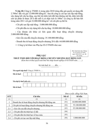 Ví dụ 10: Công ty TNHH A trong năm 2010 trúng đấu giá quyền sử dụng đất
      2.700m2 đất với giá 13.000.000 đồng/m2. Sau đó công ty cải tạo san lấp mặt bằng,
      xây dựng kết cấu hạ tầng, sau khi trừ diên tích đất làm đường nội bộ, diện tích đất
      còn lại phân lô được 20 ô đất mỗi ô có diện tích là 100m2 và công ty đã bán hết
      trong năm 2011 với giá 32.000.000 đồng/m2 với chi phí cụ thể là:
           - Chi phí san lấp mặt bằng: 5.000.000.000 đồng
           - Chi phí đầu tư xây dựng kết cấu hạ tầng: 10.000.000.000 đồng
           - Các khoản chi khác có liên quan đến hoạt động chuyển nhượng:
      3.000.000.000 đồng.
           - Giá vốn của đất chuyển nhượng: 35.100.000.000 đồng
           - Doanh thu từ hoạt động chuyển nhượng 20 ô đất: 64.000.000.000 đồng
           => Công ty kê khai vào Phụ lục 03-5/TNDN như sau:

                                                                                     (Ban hành kèm theo Thông
                                                                                       tư số 28/2011/TT-BTC
                                                                                      ngày 28/02/2011 của Bộ
                                        PHỤ LỤC                                               Tài chính)
        THUẾ TNDN ĐỐI VỚI HOẠT ĐỘNG CHUYỂN NHƯỢNG BẤT ĐỘNG SẢN
                   (Kèm theo tờ khai quyết toán thuế thu nhập doanh nghiệp số 03/TNDN năm..........)

                                             Kỳ tính thuế: từ …… đến……

        Tên người nộp thuế: Công ty TNHH A.......

        Mã số thuế:



        Tên đại lý thuế (nếu có):………………………..


        Mã số thuế:


                                                                           Đơn vị tiền: đồng Việt Nam
STT                                Chỉ tiêu                               Mã số          Số tiền
(1)                                    (2)                                  (3)                (4)

 1      Doanh thu từ hoạt động chuyển nhượng bất động sản                   [01]      64.000.000.0000
 2      Chi phí từ hoạt động chuyển nhượng bất động sản                     [02]       53.100.000.000
2.1     - Giá vốn của đất chuyển nhượng                                     [03]       35.100.000.000
2.2     - Chi phí đền bù thiệt hại về đất                                   [04]

2.3     - Chi phí đền bù thiệt hại về hoa màu                               [05]

2.4     - Chi phí cải tạo san lấp mặt bằng                                  [06]       5.000.000.000

                                                    56
 