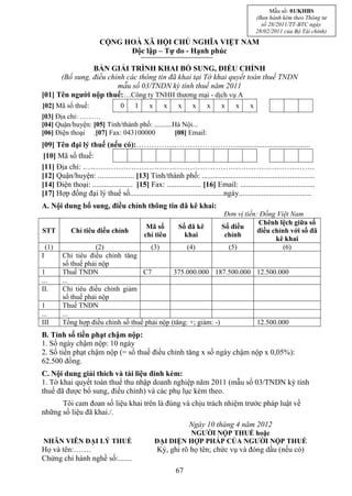 Mẫu số: 01/KHBS
                                                                                              (Ban hành kèm theo Thông tư
                                                                                                số 28/2011/TT-BTC ngày
                                                                                              28/02/2011 của Bộ Tài chính)
                         CỘNG HOÀ XÃ HỘI CHỦ NGHĨA VIỆT NAM
                               Độc lập – Tự do - Hạnh phúc

                BẢN GIẢI TRÌNH KHAI BỔ SUNG, ĐIỀU CHỈNH
      (Bổ sung, điều chỉnh các thông tin đã khai tại Tờ khai quyết toán thuế TNDN
                        mẫu số 03/TNDN kỳ tính thuế năm 2011
[01] Tên người nộp thuế:…Công ty TNHH thương mại - dịch vụ A
[02] Mã số thuế:                  0     1     x      x     x     x     x      x     x     x
[03] Địa chỉ: ………
[04] Quận/huyện: [05] Tỉnh/thành phố: ..........Hà Nội...
[06] Điện thoại .[07] Fax: 043100000             [08] Email:
[09] Tên đại lý thuế (nếu có):………………………………….......................................
 [10] Mã số thuế:
[11] Địa chỉ: ……………………………………………………………………………….
[12] Quận/huyện: ................... [13] Tỉnh/thành phố: ...........................................................
[14] Điện thoại: ..................... [15] Fax: .................. [16] Email: .......................................
[17] Hợp đồng đại lý thuế số.................................................ngày......................................
A. Nội dung bổ sung, điều chỉnh thông tin đã kê khai:
                                                                               Đơn vị tiền: Đồng Việt Nam
                                                                                           Chênh lệch giữa số
                                             Mã số         Số đã kê           Số điều
STT         Chỉ tiêu điều chỉnh                                                            điều chỉnh với số đã
                                            chỉ tiêu         khai              chỉnh
                                                                                                 kê khai
    (1)               (2)               (3)          (4)                        (5)                 (6)
I         Chỉ tiêu điều chỉnh tăng
          số thuế phải nộp
1         Thuế TNDN                  C7         375.000.000 187.500.000 12.500.000
...       ...
II.       Chỉ tiêu điều chỉnh giảm
          số thuế phải nộp
1         Thuế TNDN
...       ...
III       Tổng hợp điều chỉnh số thuế phải nộp (tăng: +; giảm: -)       12.500.000
B. Tính số tiền phạt chậm nộp:
1. Số ngày chậm nộp: 10 ngày
2. Số tiền phạt chậm nộp (= số thuế điều chỉnh tăng x số ngày chậm nộp x 0,05%):
62.500 đồng.
C. Nội dung giải thích và tài liệu đính kèm:
1. Tờ khai quyết toán thuế thu nhập doanh nghiệp năm 2011 (mẫu số 03/TNDN kỳ tính
thuế đã được bổ sung, điều chỉnh) và các phụ lục kèm theo.
      Tôi cam đoan số liệu khai trên là đúng và chịu trách nhiệm trước pháp luật về
những số liệu đã khai./.
                                                                Ngày 10 tháng 4 năm 2012
                                                           NGƯỜI NỘP THUẾ hoặc
NHÂN VIÊN ĐẠI LÝ THUẾ                             ĐẠI DIỆN HỢP PHÁP CỦA NGƯỜI NỘP THUẾ
Họ và tên:…….                                     Ký, ghi rõ họ tên; chức vụ và đóng dấu (nếu có)
Chứng chỉ hành nghề số:.......
                                                          67
 