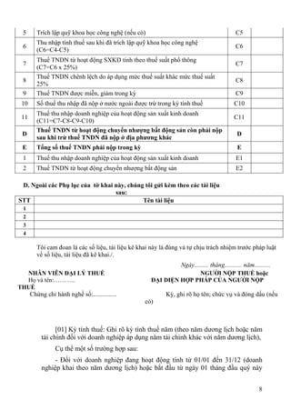 5    Trích lập quỹ khoa học công nghệ (nếu có)                                         C5
       Thu nhập tính thuế sau khi đã trích lập quỹ khoa học công nghệ
  6                                                                                      C6
       (C6=C4-C5)
       Thuế TNDN từ hoạt động SXKD tính theo thuế suất phổ thông
  7                                                                                      C7
       (C7=C6 x 25%)
       Thuế TNDN chênh lệch do áp dụng mức thuế suất khác mức thuế suất
  8                                                                                      C8
       25%
  9    Thuế TNDN được miễn, giảm trong kỳ                                                C9
 10    Số thuế thu nhập đã nộp ở nước ngoài được trừ trong kỳ tính thuế                 C10
       Thuế thu nhập doanh nghiệp của hoạt động sản xuất kinh doanh
 11                                                                                     C11
       (C11=C7-C8-C9-C10)
       Thuế TNDN từ hoạt động chuyển nhượng bất động sản còn phải nộp
 D                                                                                        D
       sau khi trừ thuế TNDN đã nộp ở địa phương khác
 E     Tổng số thuế TNDN phải nộp trong kỳ                                                E
  1    Thuế thu nhập doanh nghiệp của hoạt động sản xuất kinh doanh                      E1
  2    Thuế TNDN từ hoạt động chuyển nhượng bất động sản                                 E2

 D. Ngoài các Phụ lục của tờ khai này, chúng tôi gửi kèm theo các tài liệu
                                  sau:
STT                                         Tên tài liệu
  1
  2
  3
  4

       Tôi cam đoan là các số liệu, tài liệu kê khai này là đúng và tự chịu trách nhiệm trước pháp luật
       về số liệu, tài liệu đã kê khai./.
                                                             Ngày......... tháng........... năm..........
  NHÂN VIÊN ĐẠI LÝ THUẾ                                              NGƯỜI NỘP THUẾ hoặc
  Họ và tên:………..                                   ĐẠI DIỆN HỢP PHÁP CỦA NGƯỜI NỘP
THUẾ
   Chứng chỉ hành nghề số:...............                 Ký, ghi rõ họ tên; chức vụ và đóng dấu (nếu
                                                  có)



               [01] Kỳ tính thuế: Ghi rõ kỳ tính thuế năm (theo năm dương lịch hoặc năm
         tài chính đối với doanh nghiệp áp dụng năm tài chính khác với năm dương lịch),
               Cụ thể một số trường hợp sau:
              - Đối với doanh nghiệp đang hoạt động tính từ 01/01 đến 31/12 (doanh
         nghiệp khai theo năm dương lịch) hoặc bắt đầu từ ngày 01 tháng đầu quý này


                                                                                                   8
 