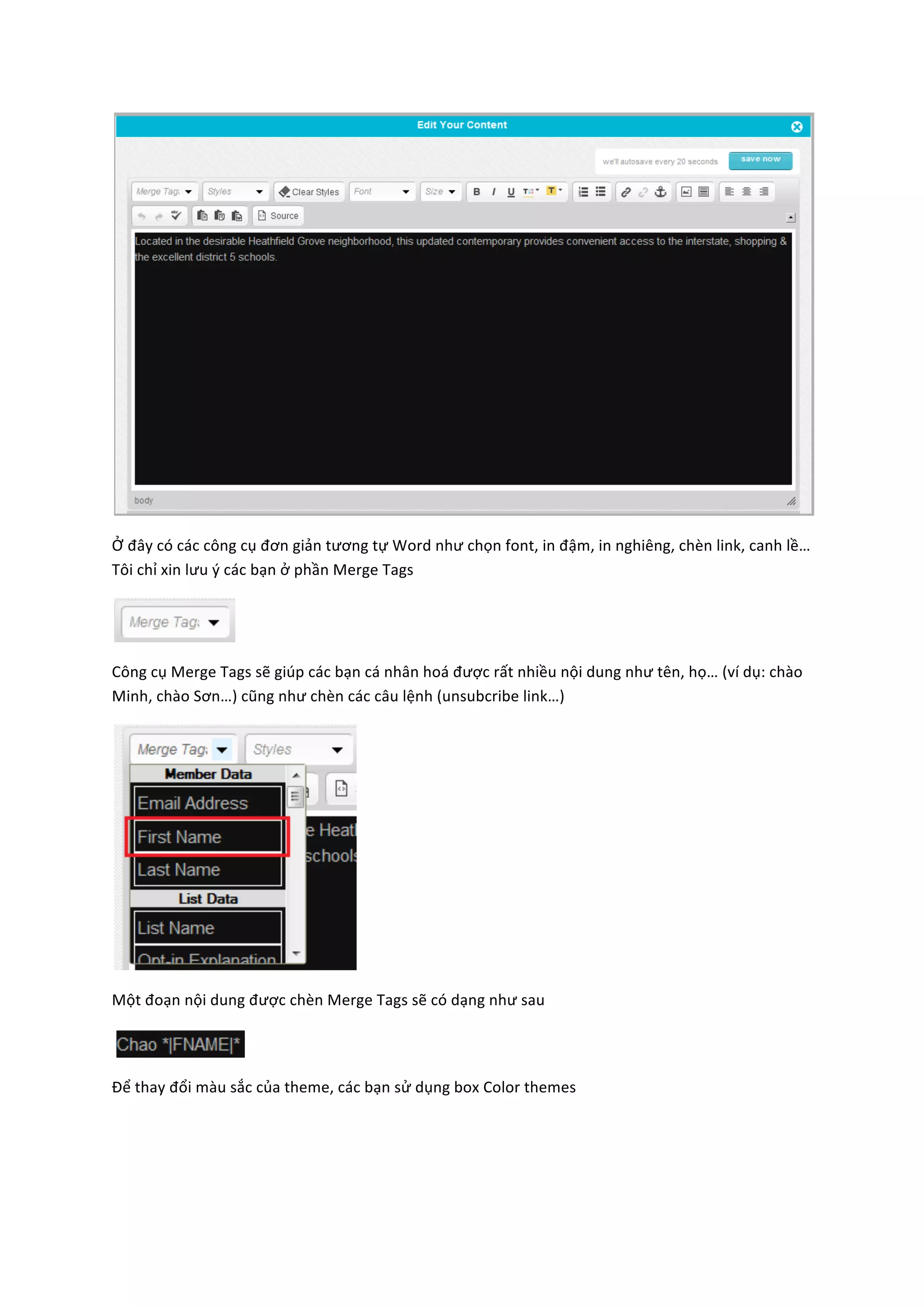  

Ở	
  đây	
  có	
  các	
  công	
  cụ	
  đơn	
  giản	
  tương	
  tự	
  Word	
  như	
  chọn	
  font,	
  in	
  đậm,	
  in	
  nghiêng,	
  chèn	
  link,	
  canh	
  lề…	
  
Tôi	
  chỉ	
  xin	
  lưu	
  ý	
  các	
  bạn	
  ở	
  phần	
  Merge	
  Tags	
  


                            	
  

Công	
  cụ	
  Merge	
  Tags	
  sẽ	
  giúp	
  các	
  bạn	
  cá	
  nhân	
  hoá	
  được	
  rất	
  nhiều	
  nội	
  dung	
  như	
  tên,	
  họ…	
  (ví	
  dụ:	
  chào	
  
Minh,	
  chào	
  Sơn…)	
  cũng	
  như	
  chèn	
  các	
  câu	
  lệnh	
  (unsubcribe	
  link…)	
  




                                                         	
  

Một	
  đoạn	
  nội	
  dung	
  được	
  chèn	
  Merge	
  Tags	
  sẽ	
  có	
  dạng	
  như	
  sau	
  


                                   	
  

Để	
  thay	
  đổi	
  màu	
  sắc	
  của	
  theme,	
  các	
  bạn	
  sử	
  dụng	
  box	
  Color	
  themes	
  
 