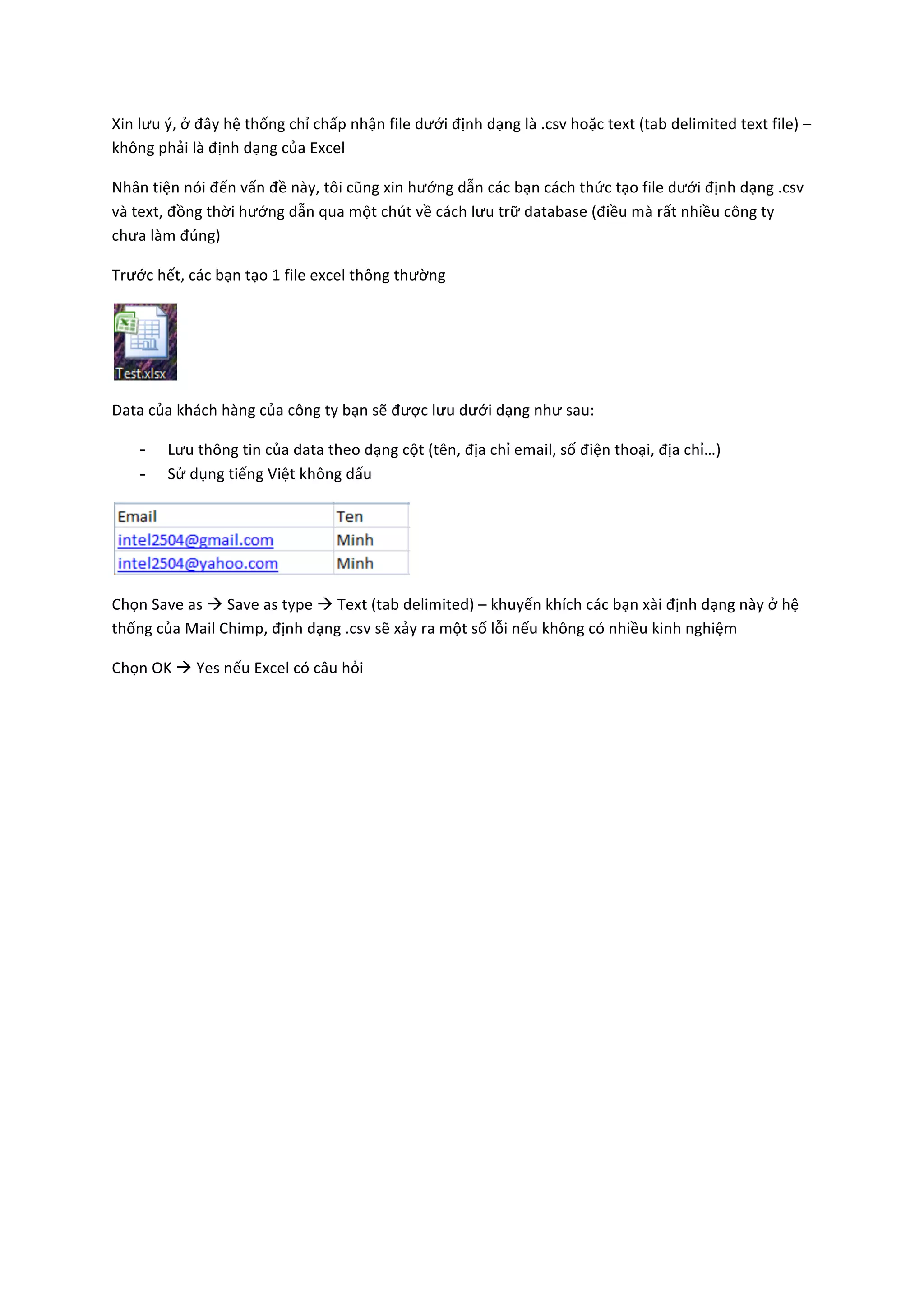 Xin	
  lưu	
  ý,	
  ở	
  đây	
  hệ	
  thống	
  chỉ	
  chấp	
  nhận	
  file	
  dưới	
  định	
  dạng	
  là	
  .csv	
  hoặc	
  text	
  (tab	
  delimited	
  text	
  file)	
  –	
  
không	
  phải	
  là	
  định	
  dạng	
  của	
  Excel	
  

Nhân	
  tiện	
  nói	
  đến	
  vấn	
  đề	
  này,	
  tôi	
  cũng	
  xin	
  hướng	
  dẫn	
  các	
  bạn	
  cách	
  thức	
  tạo	
  file	
  dưới	
  định	
  dạng	
  .csv	
  
và	
  text,	
  đồng	
  thời	
  hướng	
  dẫn	
  qua	
  một	
  chút	
  về	
  cách	
  lưu	
  trữ	
  database	
  (điều	
  mà	
  rất	
  nhiều	
  công	
  ty	
  
chưa	
  làm	
  đúng)	
  

Trước	
  hết,	
  các	
  bạn	
  tạo	
  1	
  file	
  excel	
  thông	
  thường	
  




                	
  

Data	
  của	
  khách	
  hàng	
  của	
  công	
  ty	
  bạn	
  sẽ	
  được	
  lưu	
  dưới	
  dạng	
  như	
  sau:	
  

      -      Lưu	
  thông	
  tin	
  của	
  data	
  theo	
  dạng	
  cột	
  (tên,	
  địa	
  chỉ	
  email,	
  số	
  điện	
  thoại,	
  địa	
  chỉ…)	
  
      -      Sử	
  dụng	
  tiếng	
  Việt	
  không	
  dấu	
  




                                                                          	
  

Chọn	
  Save	
  as	
  à	
  Save	
  as	
  type	
  à	
  Text	
  (tab	
  delimited)	
  –	
  khuyến	
  khích	
  các	
  bạn	
  xài	
  định	
  dạng	
  này	
  ở	
  hệ	
  
thống	
  của	
  Mail	
  Chimp,	
  định	
  dạng	
  .csv	
  sẽ	
  xảy	
  ra	
  một	
  số	
  lỗi	
  nếu	
  không	
  có	
  nhiều	
  kinh	
  nghiệm	
  

Chọn	
  OK	
  à	
  Yes	
  nếu	
  Excel	
  có	
  câu	
  hỏi	
  
 