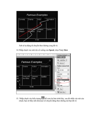 Ảnh sẽ tự động di chuyển theo đường cong đã vẽ.

14. Nhắp chụôt vào mũi tên sổ xuống của Speed, chọn Very Slow




15. Nhắp chụôt vào biểu tượng       để xem lại bản trình bày, sau đó nhấn vào nút của
   chuột, bạn sẽ thấy ảnh dinosaur sẽ chuyển động theo đường mà bạn đã vẽ.
 