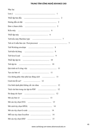 TRUNG TÂM CÔNG NGHỆ ADVANCE CAD
49
www.cachdung.com-www.advancecad.edu.vn
Mục lục
Lưu ý .................................................................................. 1
Thiết lập ban đầu ......................................................................... 2
Hướng dẫn cài đặt ................................................................. 2
Đơn vị tham chiếu ............................................................... 5
Kiểu máy ................................................................. 6
Thiết lập máy ....................................................... 6
Tab kiểu máy Machine type ........................................................... 7
Tab xử lí mẫu báo cáo Post processor ......................................................... 7
Tab Working envelope ................................................... 8
Tab hiển thị bảng ........................................................... 8
Tab Save/Load ................................................................. 9
Thiết lập tập tin ...................................................... 10
Tab tập tin ................................................................. 10
Qui trình xử lí công việc ....................................................... 11
Tạo các bản vẽ ....................................................... 11
Các đường phác thảo phải tạo đúng cách .......................... 11
Cách tìm lỗi sai? .................................. 12
Các hình dạnh phải không cắt vào nhau ............................... 12
Tách văn bản trong các tập tin PDF ..................................... 12
Sử dụng các layer .............................................................. 12
Mở các bản vẽ ....................................................... 13
Mở các tùy chọn SVG ................................................ 13
Mở cách tùy chọn HPGL .............................................. 14
Mở các tùy chọn G-code ............................................. 14
MỞ các tùy chọn Excellon .......................................... 14
Mở các tùy chọn DXF ................................................ 15
 