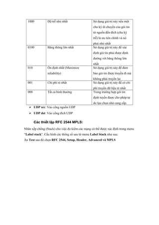 1000 Độ trễ nhỏ nhất Sử dụng giá trị này nếu một
chu kỳ di chuyển của gói tin
từ nguồn đến đích (chu kỳ
trễ) là ưu tiên chính và nó
phải nhỏ nhất
0100 Băng thông lớn nhất Sử dụng giá trị này để xác
định gói tin phải được định
đường với băng thông lớn
nhất
010 Ổn định nhất (Maximize
reliability)
Sử dụng giá trị này để đảm
bảo gói tin được truyền đi mà
không phải truyền lại
001 Chi phí rẻ nhất Sử dụng giá trị này để có chi
phí truyền dữ liệu rẻ nhất
000 Tất cả bình thường Trong trường hợp gói tin
định tuyến được cho phép tự
do lựa chọn nhà cung cấp.
 UDP src: Vào cổng nguồn UDP
 UDP dst: Vào cổng đích UDP
Các thiết lập RFC 2544 MPLS:
Nhãn xếp chồng (Stack) cho việc đo kiểm các mạng có thể được xác định trong menu
“Label stack”. Cấu hình các thông số sau từ menu Label Stack như sau:
Ấn Test sau đó chọn RFC 2544, Setup, Header, Advanced và MPLS
 