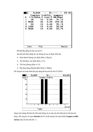 Để bắt đầu phép đo hãy ấn nút F1.
Sau khi kết thúc phép đo các thông số sau sẽ được hiển thị:
 Kích thước khung xác định (Đơn vị Bytes)
 Tốc độ được xác định (Đơn vị %)
 Tổn hao khung (Đơn vị %)
 Độ rộng băng (Bandwidth) (Đơn vị Mbps)
Để chuyển tới màn hình kết quả dạng đồ hoạ thì ấn nút F2 (Plot)
Ngay trên luồng dữ liệu thì mỗi một luồng sẽ có một cột cho biết giá trị tổn hao đo
được. Để chuyển về menu Results ấn F4 và để chuyển tới màn hình Complex traffic:
latency hãy ấn nút mũi tên → .
 