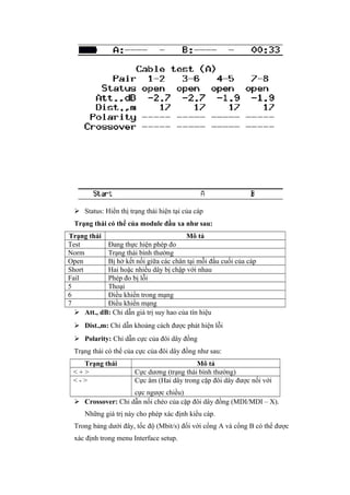  Status: Hiển thị trạng thái hiện tại của cáp
Trạng thái có thể của module đầu xa như sau:
Trạng thái Mô tả
Test Đang thực hiện phép đo
Norm Trạng thái bình thường
Open Bị hở kết nối giữa các chân tại mỗi đầu cuối của cáp
Short Hai hoặc nhiều dây bị chập với nhau
Fail Phép đo bị lỗi
5 Thoại
6 Điều khiển trong mạng
7 Điều khiển mạng
 Att., dB: Chỉ dẫn giá trị suy hao của tín hiệu
 Dist.,m: Chỉ dẫn khoảng cách được phát hiện lỗi
 Polarity: Chỉ dẫn cực của đôi dây đồng
Trạng thái có thể của cực của đôi dây đồng như sau:
Trạng thái Mô tả
< + > Cực dương (trạng thái bình thường)
< - > Cực âm (Hai dây trong cặp đôi dây được nối với
cực ngược chiều)
 Crossover: Chỉ dẫn nối chéo của cặp đôi dây đồng (MDI/MDI – X).
Những giá trị này cho phép xác định kiểu cáp.
Trong bảng dưới đây, tốc độ (Mbit/s) đối với cổng A và cổng B có thể được
xác định trong menu Interface setup.
 