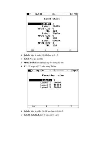  Labels: Vào số nhãn. Có thể chọn từ 1 ~ 3
 Label: Vào giá trị nhãn
 MPLS COS: Chọn lớp dịch vụ cho luồng dữ liệu
 TTL: Vào giá trị TTL cho luồng dữ liệu
 Labels: Vào số nhãn. Có thể lựa chọn từ 1 đến 3
 Label1, Label 2, Label 3: Vào giá trị Label
 