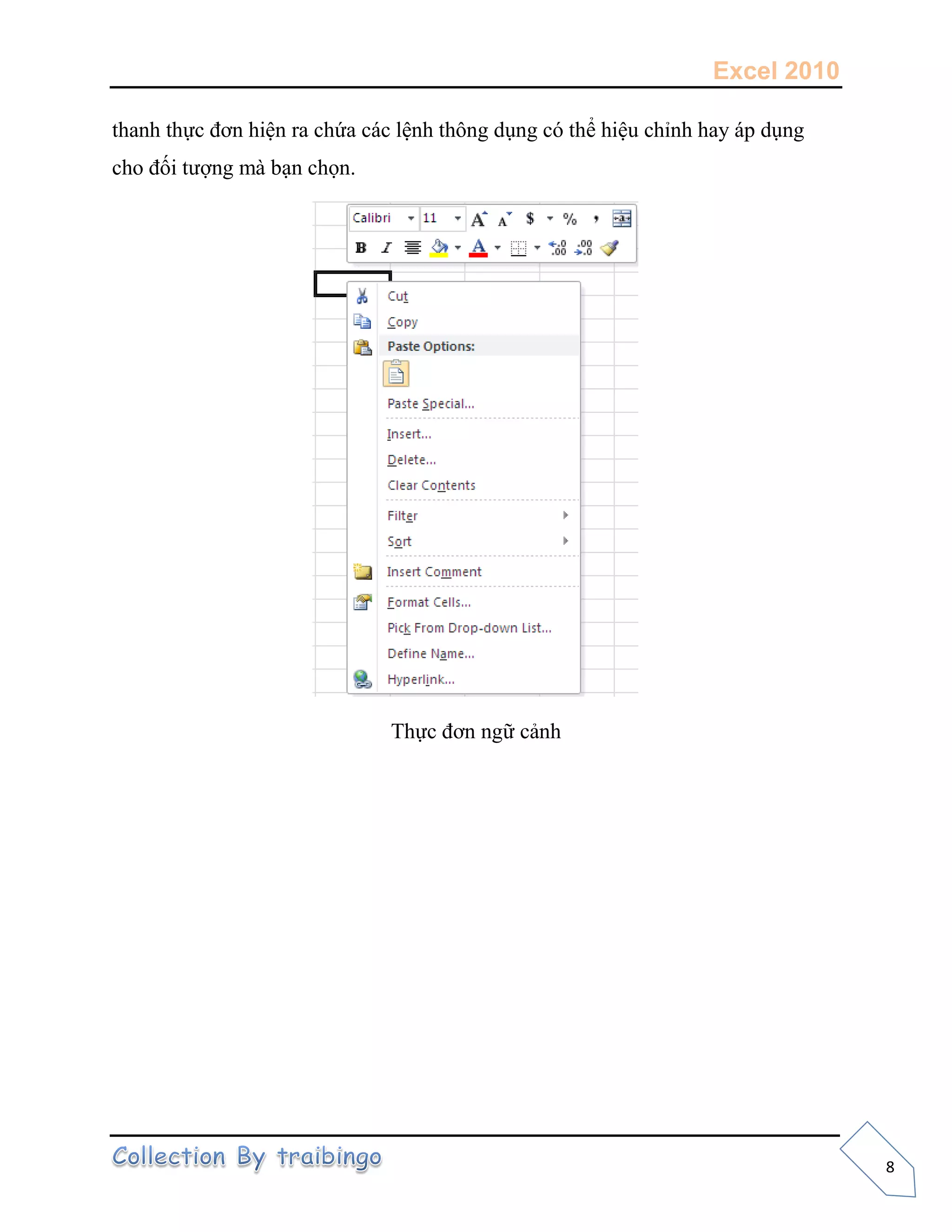 Excel 2010
8
thanh thực đơn hiện ra chứa các lệnh thông dụng có thể hiệu chỉnh hay áp dụng
cho đối tượng mà bạn chọn.
Thực đơn ngữ cảnh
 