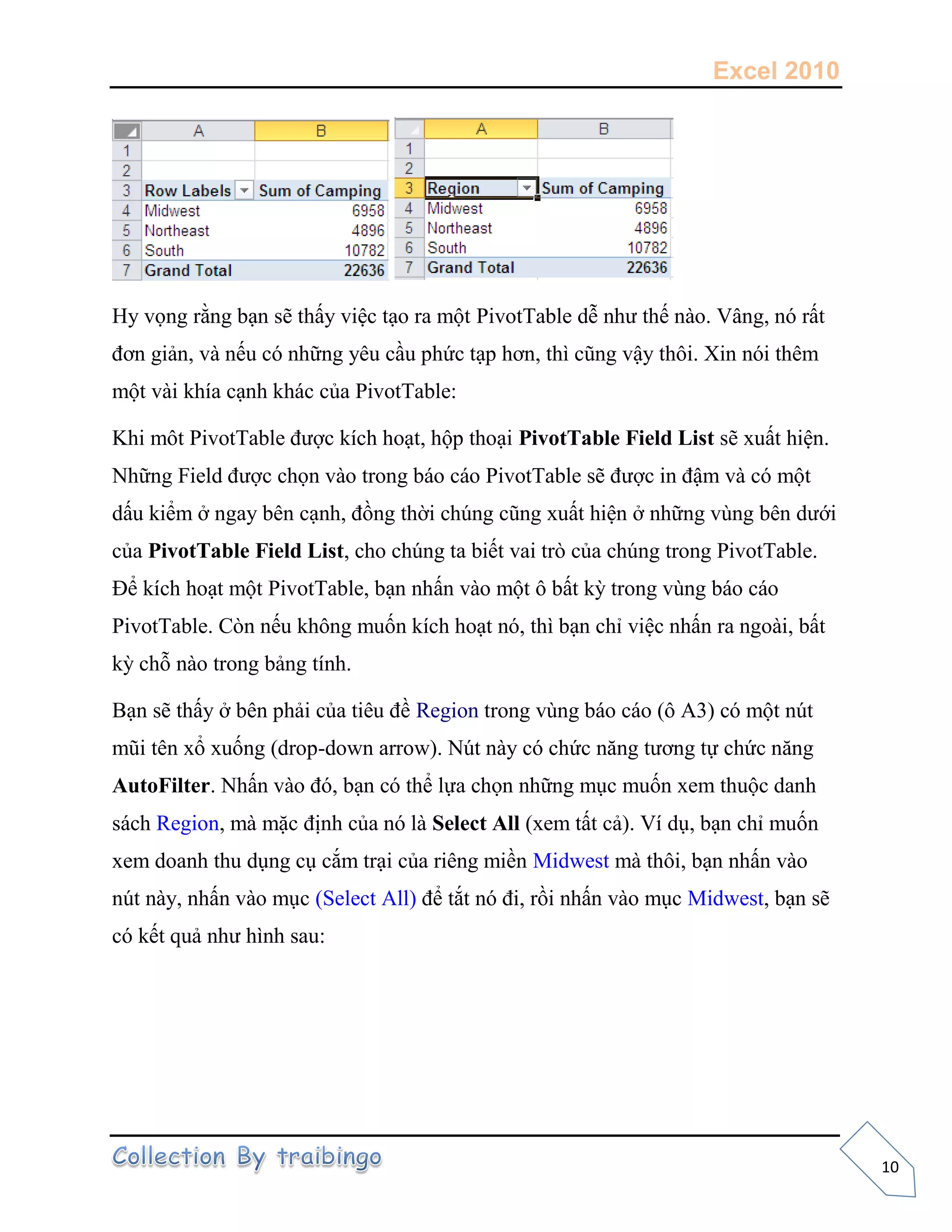Excel 2010
10
Hy vọng rằng bạn sẽ thấy việc tạo ra một PivotTable dễ như thế nào. Vâng, nó rất
đơn giản, và nếu có những yêu cầu phức tạp hơn, thì cũng vậy thôi. Xin nói thêm
một vài khía cạnh khác của PivotTable:
Khi môt PivotTable được kích hoạt, hộp thoại PivotTable Field List sẽ xuất hiện.
Những Field được chọn vào trong báo cáo PivotTable sẽ được in đậm và có một
dấu kiểm ở ngay bên cạnh, đồng thời chúng cũng xuất hiện ở những vùng bên dưới
của PivotTable Field List, cho chúng ta biết vai trò của chúng trong PivotTable.
Để kích hoạt một PivotTable, bạn nhấn vào một ô bất kỳ trong vùng báo cáo
PivotTable. Còn nếu không muốn kích hoạt nó, thì bạn chỉ việc nhấn ra ngoài, bất
kỳ chỗ nào trong bảng tính.
Bạn sẽ thấy ở bên phải của tiêu đề Region trong vùng báo cáo (ô A3) có một nút
mũi tên xổ xuống (drop-down arrow). Nút này có chức năng tương tự chức năng
AutoFilter. Nhấn vào đó, bạn có thể lựa chọn những mục muốn xem thuộc danh
sách Region, mà mặc định của nó là Select All (xem tất cả). Ví dụ, bạn chỉ muốn
xem doanh thu dụng cụ cắm trại của riêng miền Midwest mà thôi, bạn nhấn vào
nút này, nhấn vào mục (Select All) để tắt nó đi, rồi nhấn vào mục Midwest, bạn sẽ
có kết quả như hình sau:
 