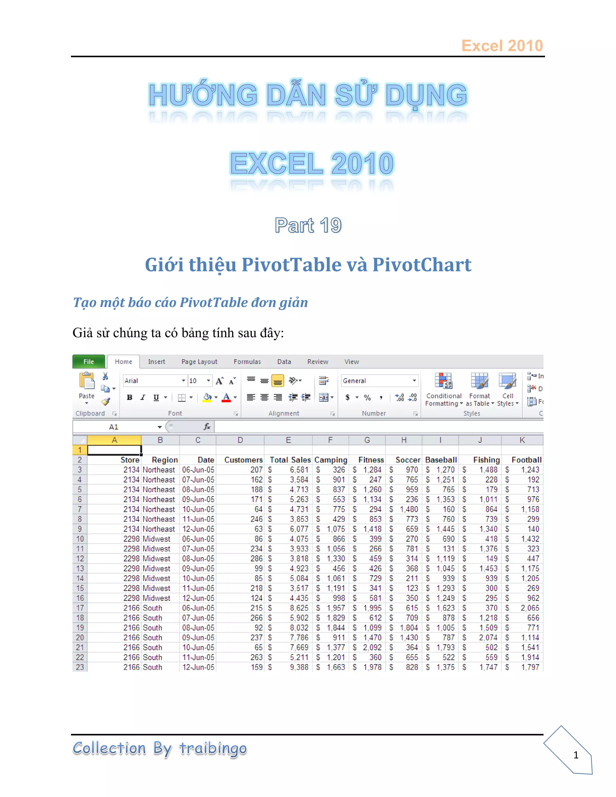 Excel 2010
1
Giới thiệu PivotTable và PivotChart
Tạo một báo cáo PivotTable đơn giản
Giả sử chúng ta có bảng tính sau đây:
 