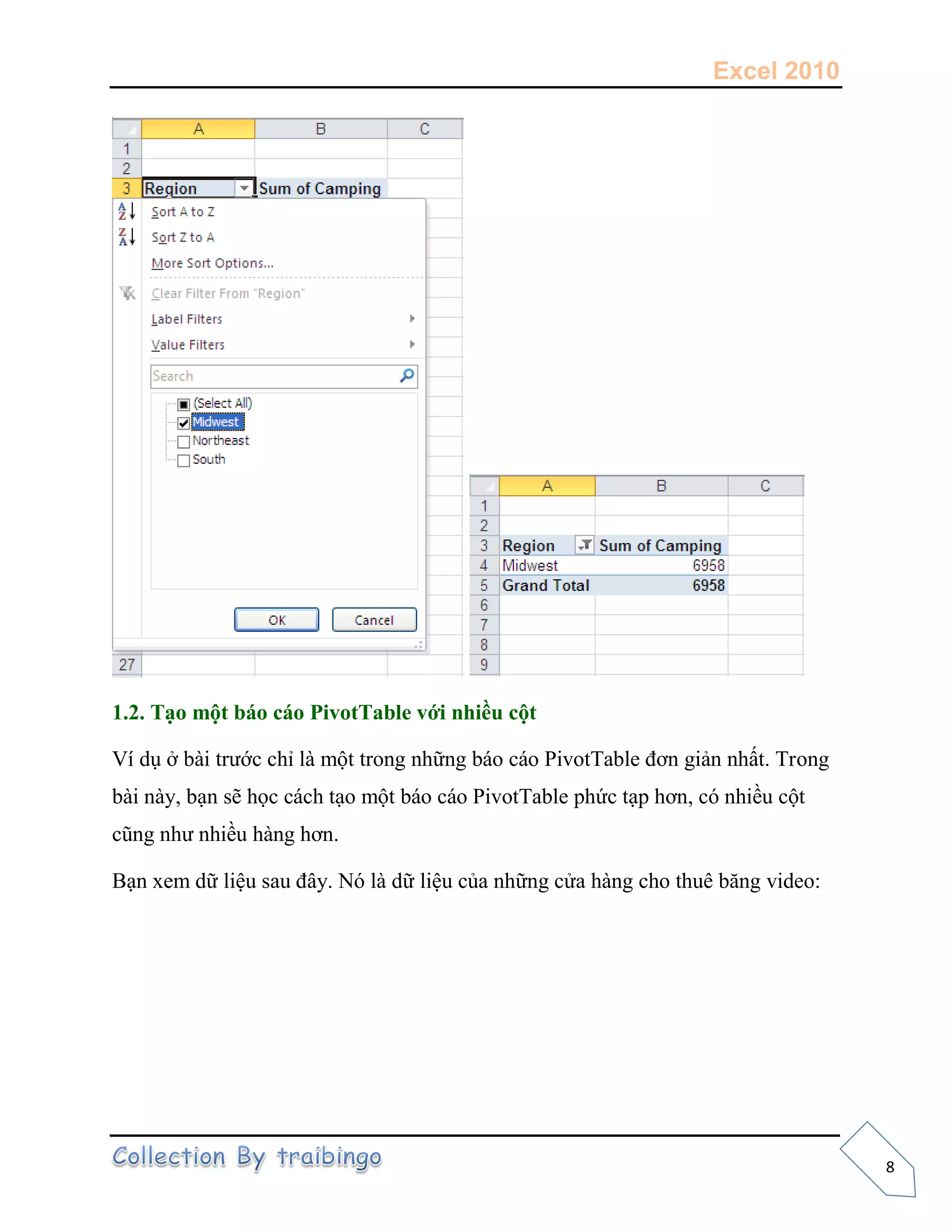 Excel 2010
8
1.2. Tạo một báo cáo PivotTable với nhiều cột
Ví dụ ở bài trước chỉ là một trong những báo cáo PivotTable đơn giản nhất. Trong
bài này, bạn sẽ học cách tạo một báo cáo PivotTable phức tạp hơn, có nhiều cột
cũng như nhiều hàng hơn.
Bạn xem dữ liệu sau đây. Nó là dữ liệu của những cửa hàng cho thuê băng video:
 