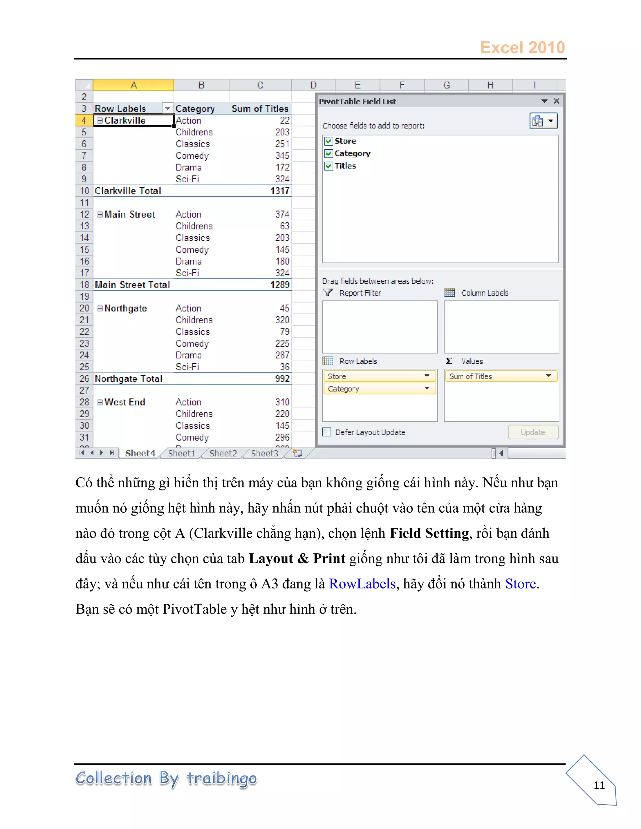 Excel 2010
11
Có thể những gì hiển thị trên máy của bạn không giống cái hình này. Nếu như bạn
muốn nó giống hệt hình này, hãy nhấn nút phải chuột vào tên của một cửa hàng
nào đó trong cột A (Clarkville chẳng hạn), chọn lệnh Field Setting, rồi bạn đánh
dấu vào các tùy chọn của tab Layout & Print giống như tôi đã làm trong hình sau
đây; và nếu như cái tên trong ô A3 đang là RowLabels, hãy đổi nó thành Store.
Bạn sẽ có một PivotTable y hệt như hình ở trên.
 
