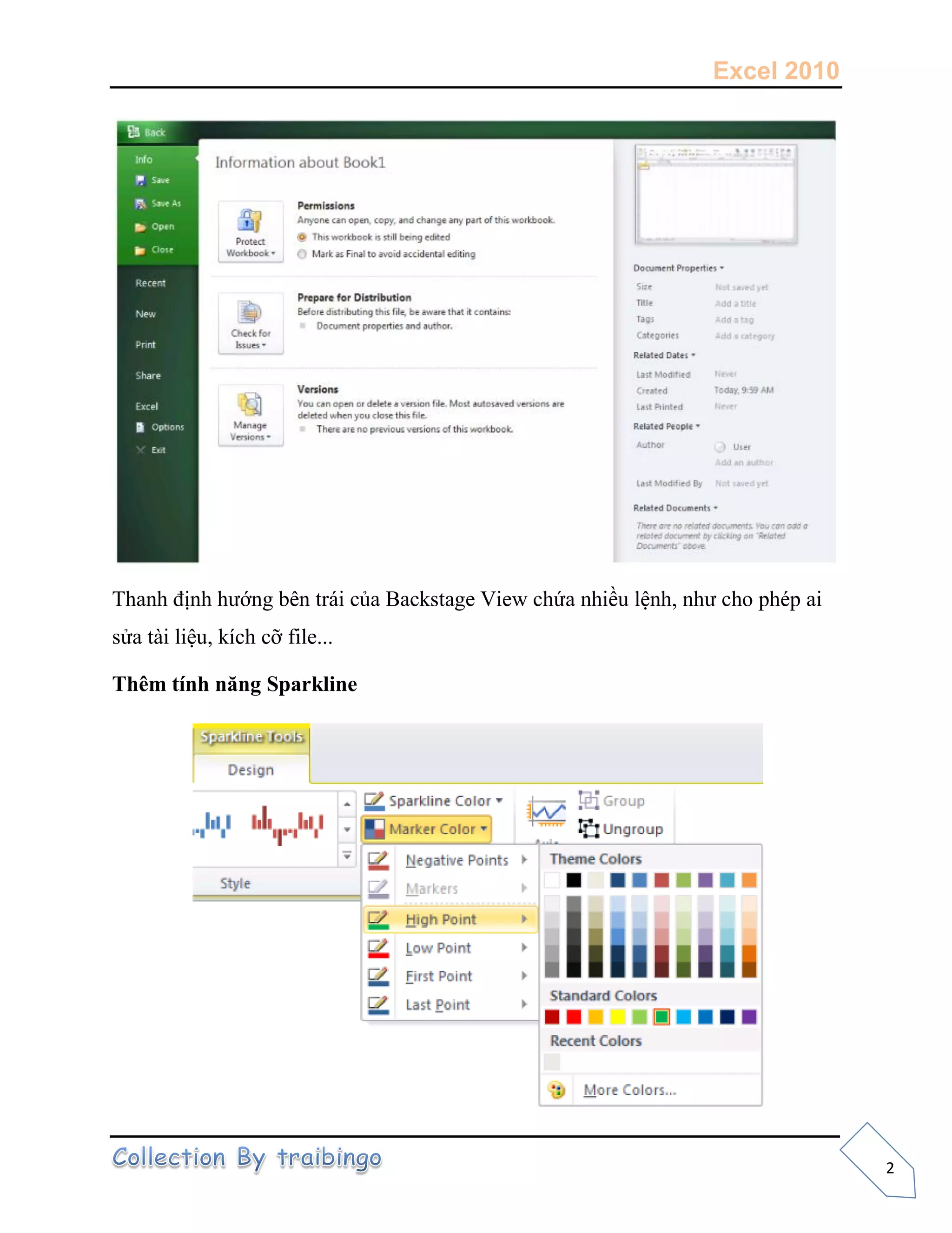 Excel 2010
2
Thanh định hướng bên trái của Backstage View chứa nhiều lệnh, như cho phép ai
sửa tài liệu, kích cỡ file...
Thêm tính năng Sparkline
 